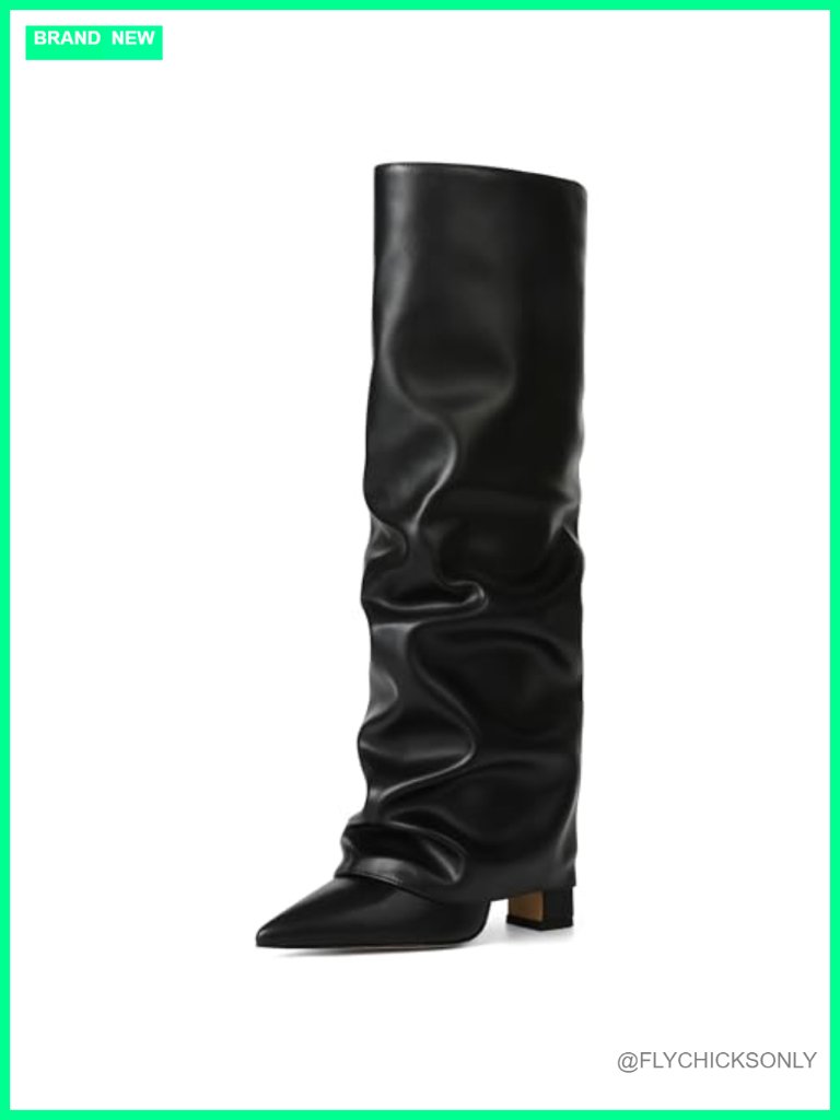 Slouchy Knee High Boots - Pointed Toe, Chunky Heel, Fold Over